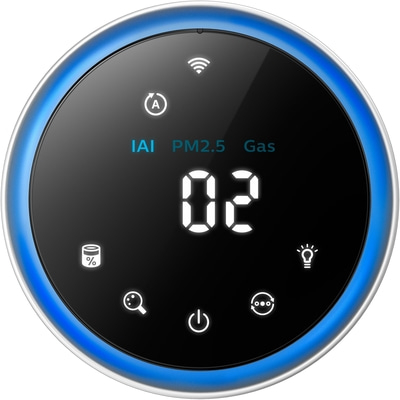 Runder Luftqualitätsmonitor mit blauem Rand und digitaler Anzeige von Gas und PM2.5-Werten.