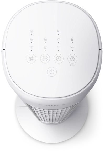 Weißer Turmventilator mit Bedienfeld und verschiedenen Symbolen für Funktionen und Einstellungen.