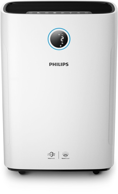 Weißer Philips Luftreiniger mit digitaler Anzeige und VitaShield-Technologie.