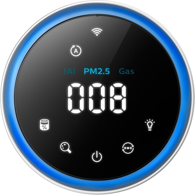 Runder Luftqualitätsmonitor mit blauem Rand, Anzeige von PM2.5-Werten und verschiedenen Symbolen.