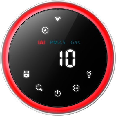 Rundes Gerät mit rotem Rand, Anzeige von PM2.5-Werten und anderen Funktionen.