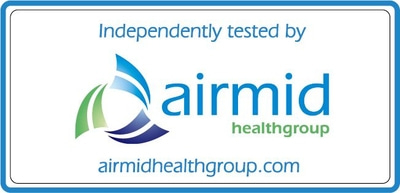 Logo von airmid healthgroup, das unabhängig getestet wurde, mit Website-Adresse.