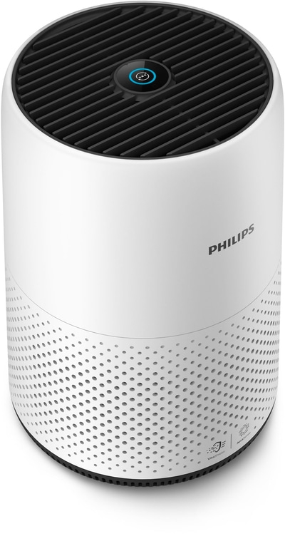Weißer Philips Luftreiniger mit schwarzem Gitter und Bedienfeld, zylindrisch