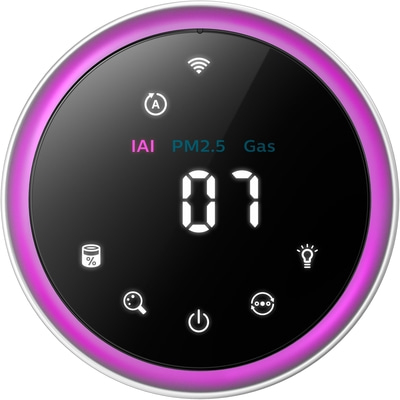 Runder Luftqualitätsmonitor mit Anzeige von PM2.5, Gas und IAI-Werten.