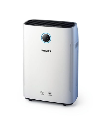 Weißer Philips Luftreiniger mit digitaler Anzeige und VitaShield-Technologie.