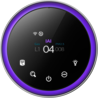 Runder Luftreiniger mit lila Licht, IAI-Anzeige, Gas- und PM2.5-Werte, und Symbolen.